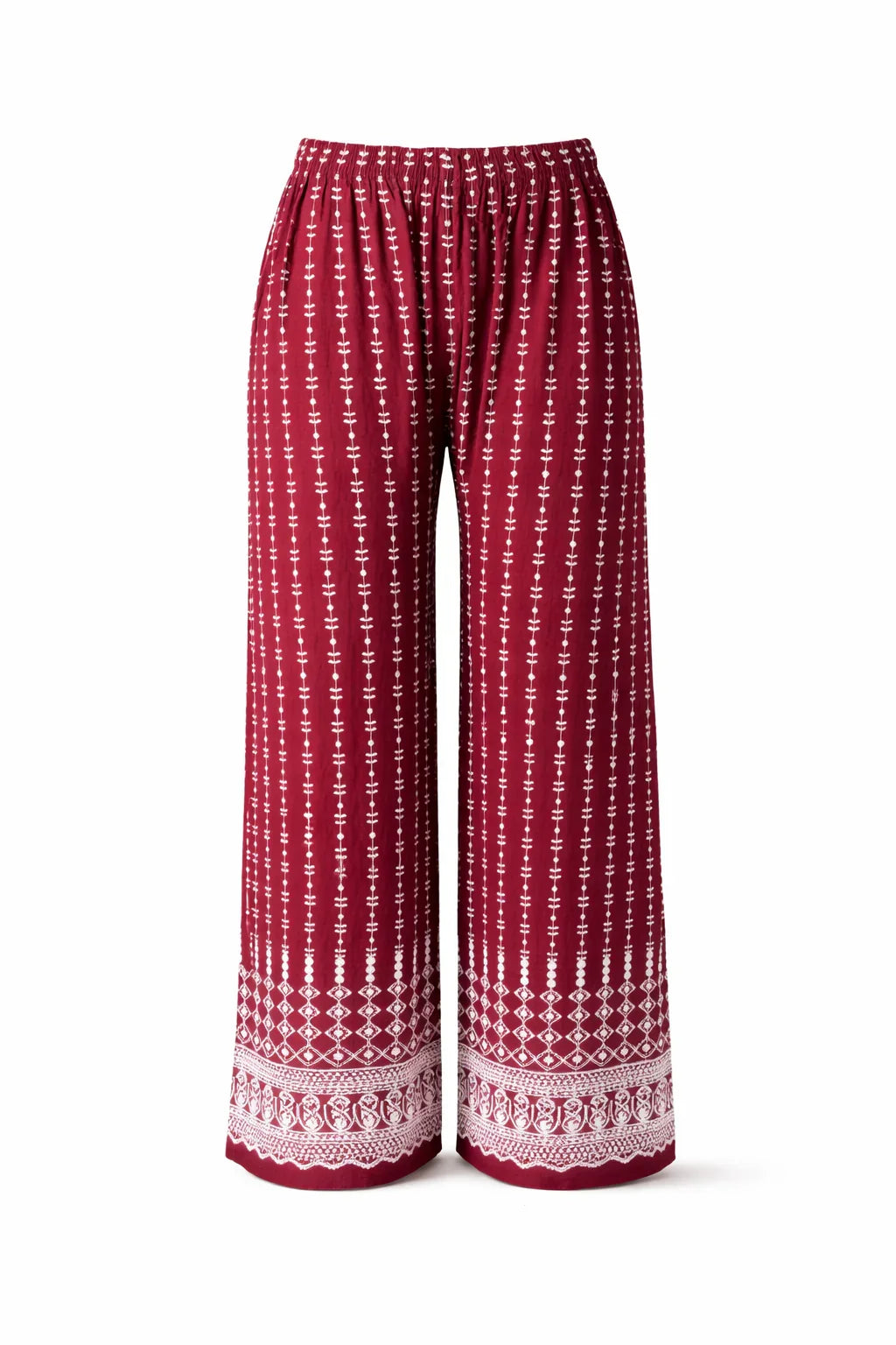Red wide-leg pants with white ethnic print and elastic waistband, boho style