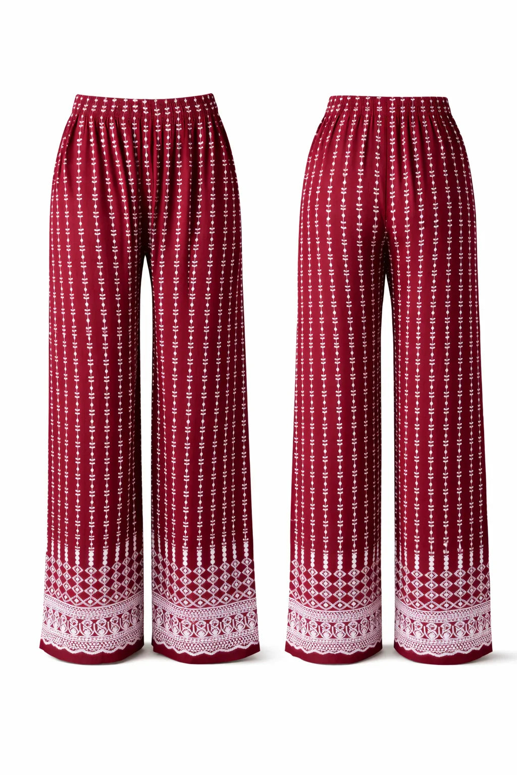 Maroon wide-leg pants with white geometric and floral patterns, front and back view