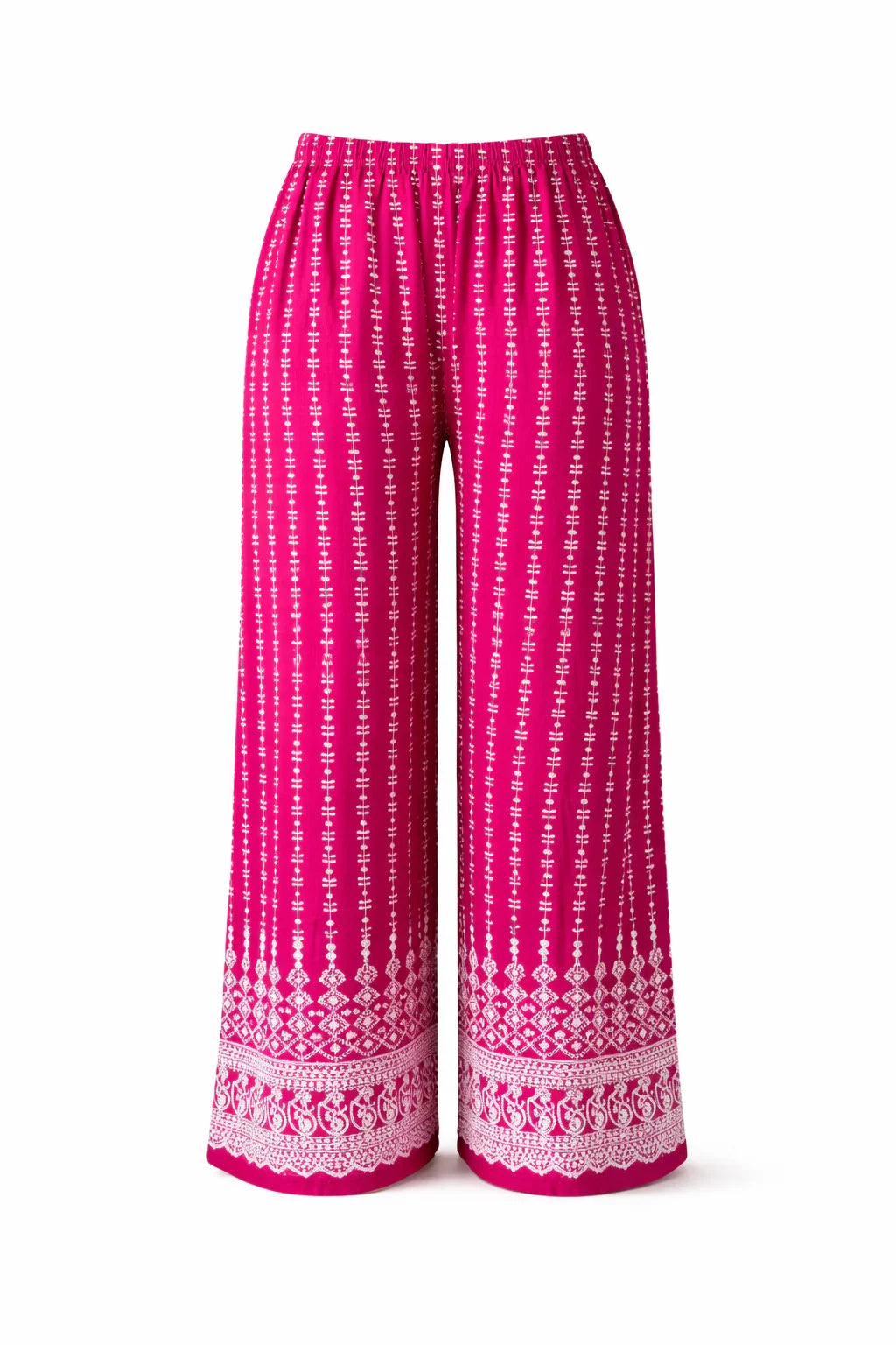 Bright pink wide-leg pants with white geometric and floral patterns, elastic waistband