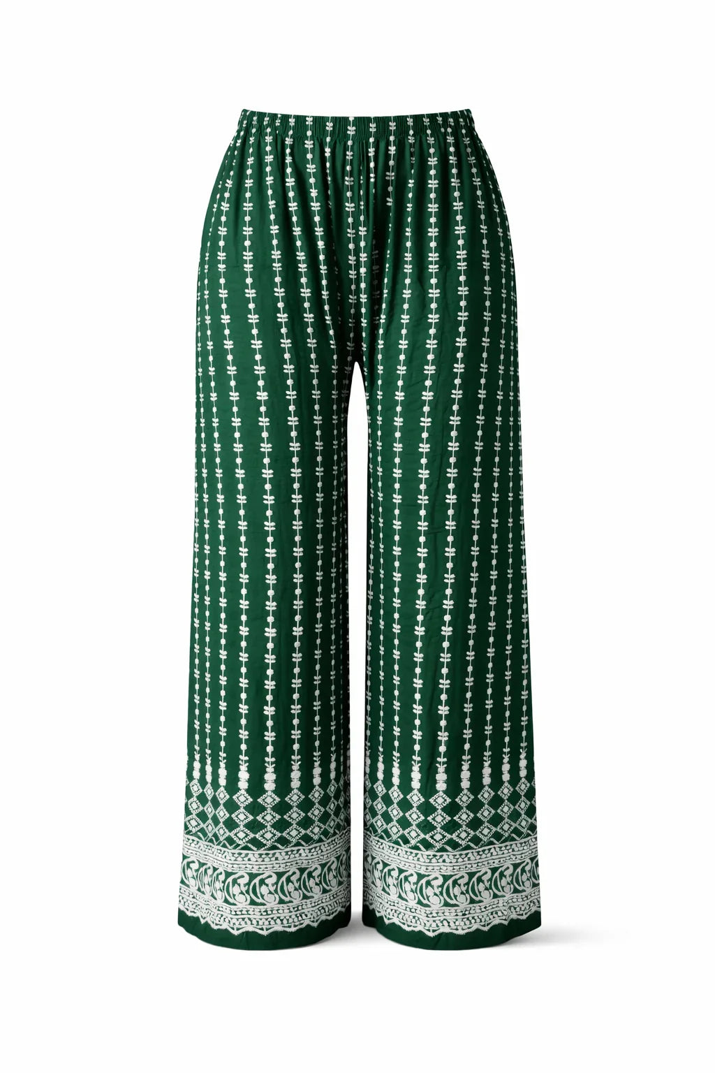 Green wide-leg pants with white vertical patterns and decorative border design