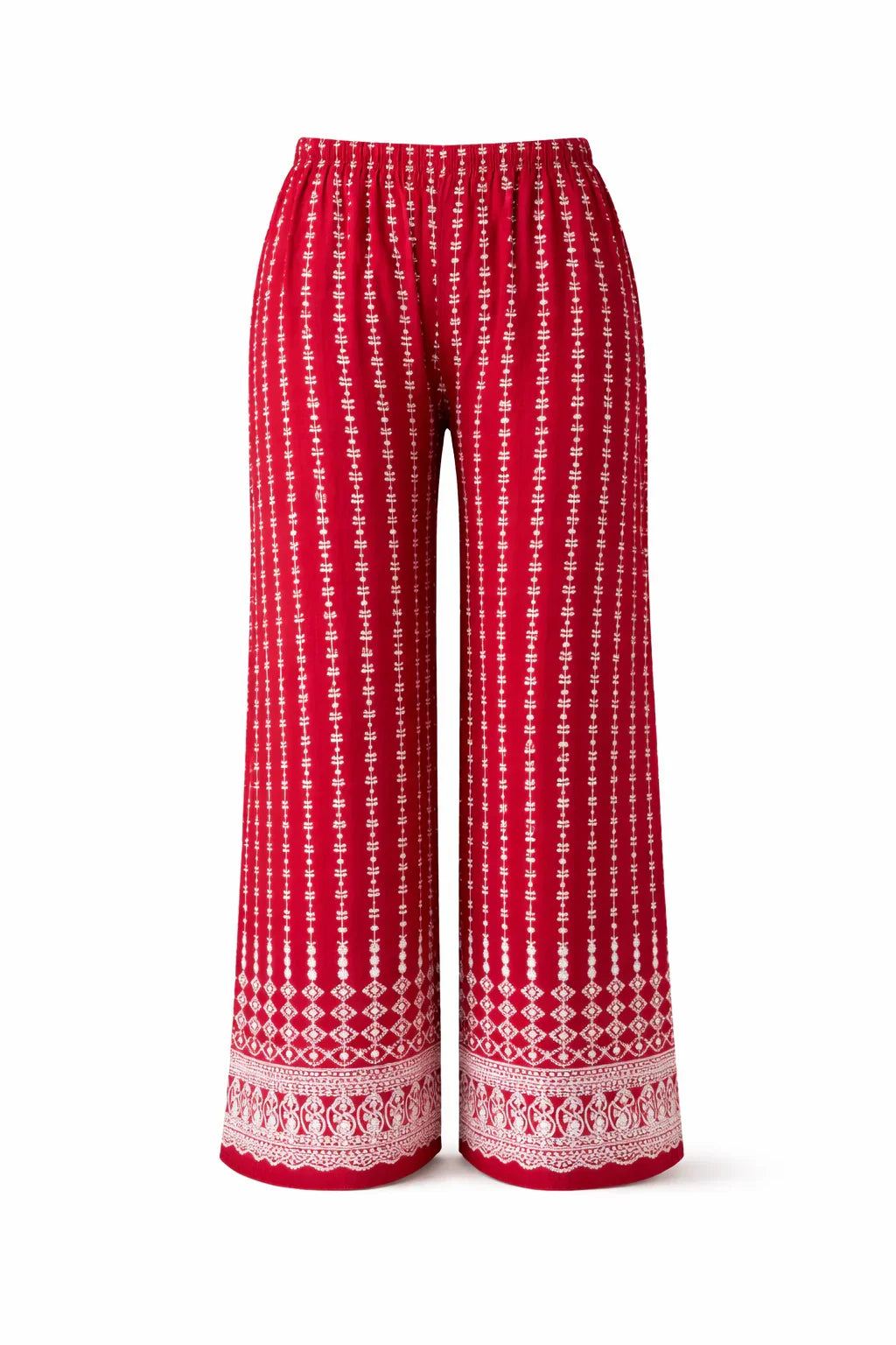 Red wide-leg pants with white vertical boho print and intricate border pattern