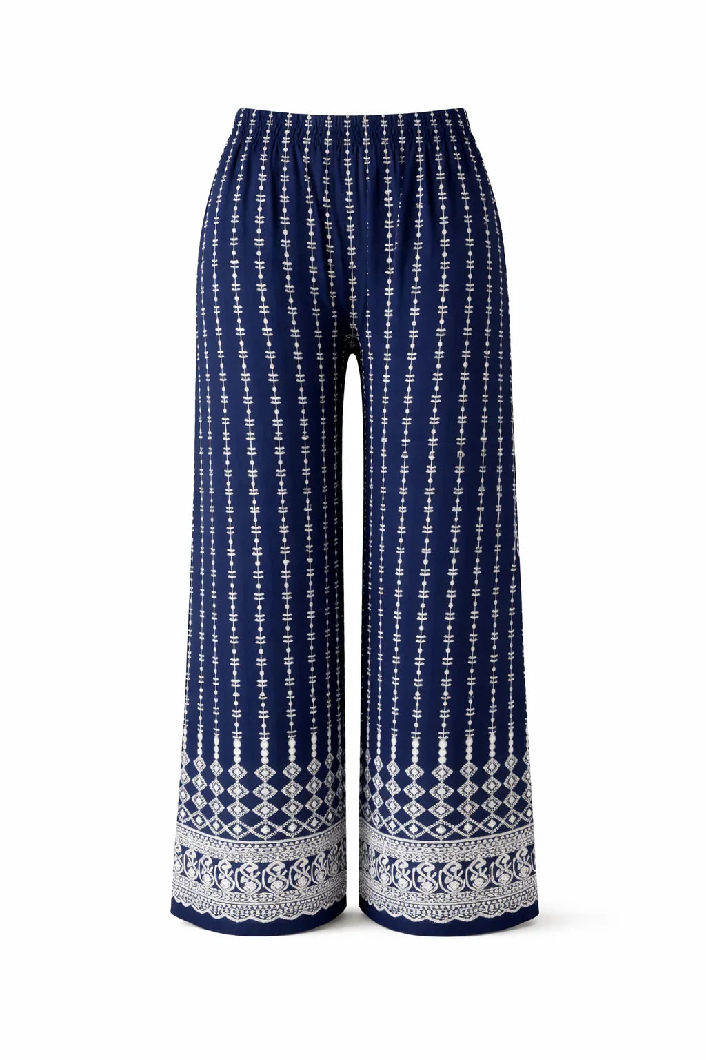 Navy blue wide leg palazzo pants with white geometric and floral patterns