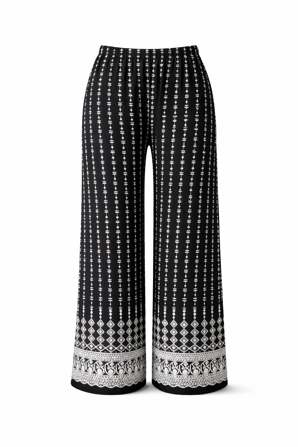 Black wide leg pants with white ethnic vertical and geometric border patterns