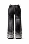 Black wide leg pants with white ethnic vertical and geometric border patterns