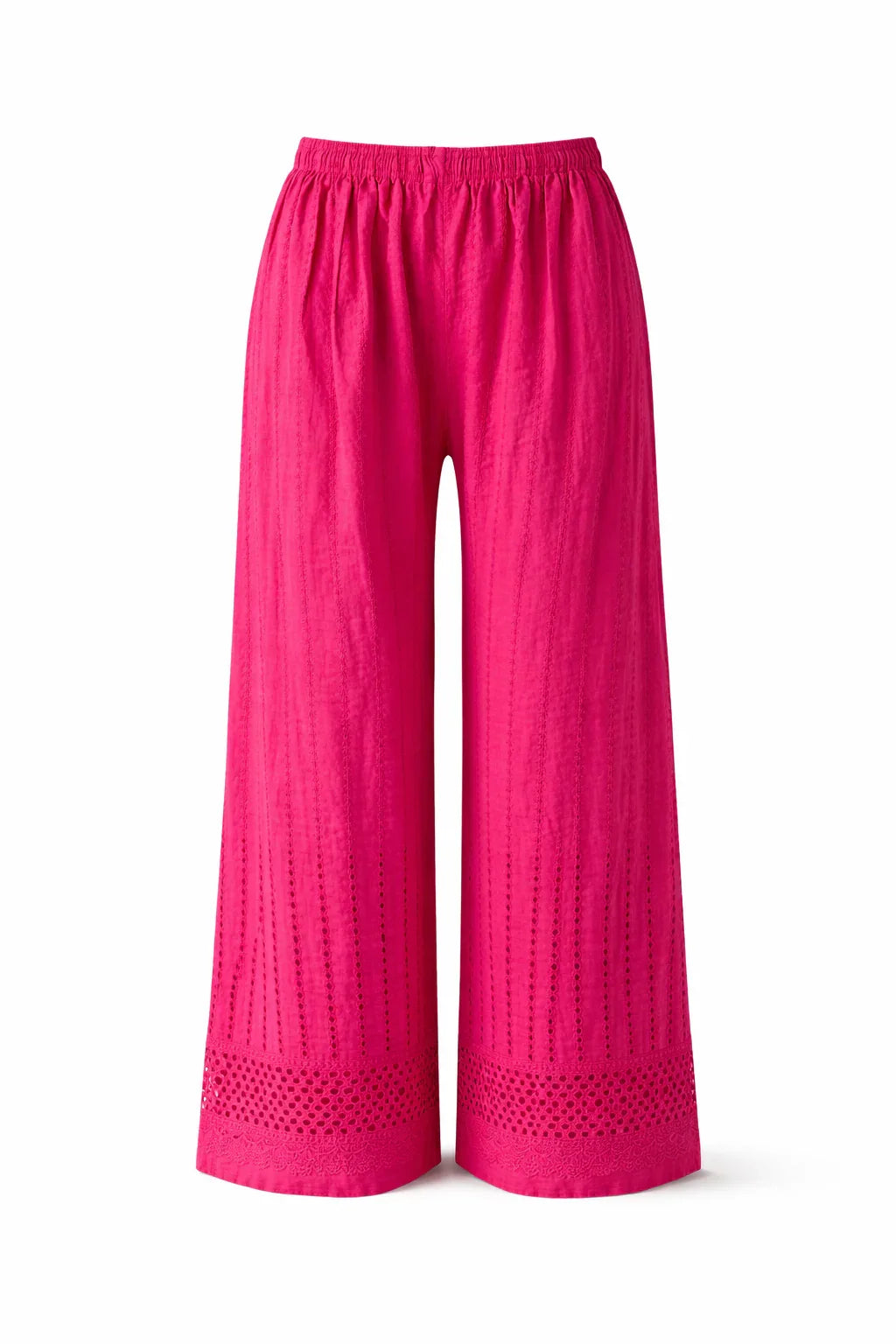 Bright pink wide-leg pants with embroidered details and elastic waistband