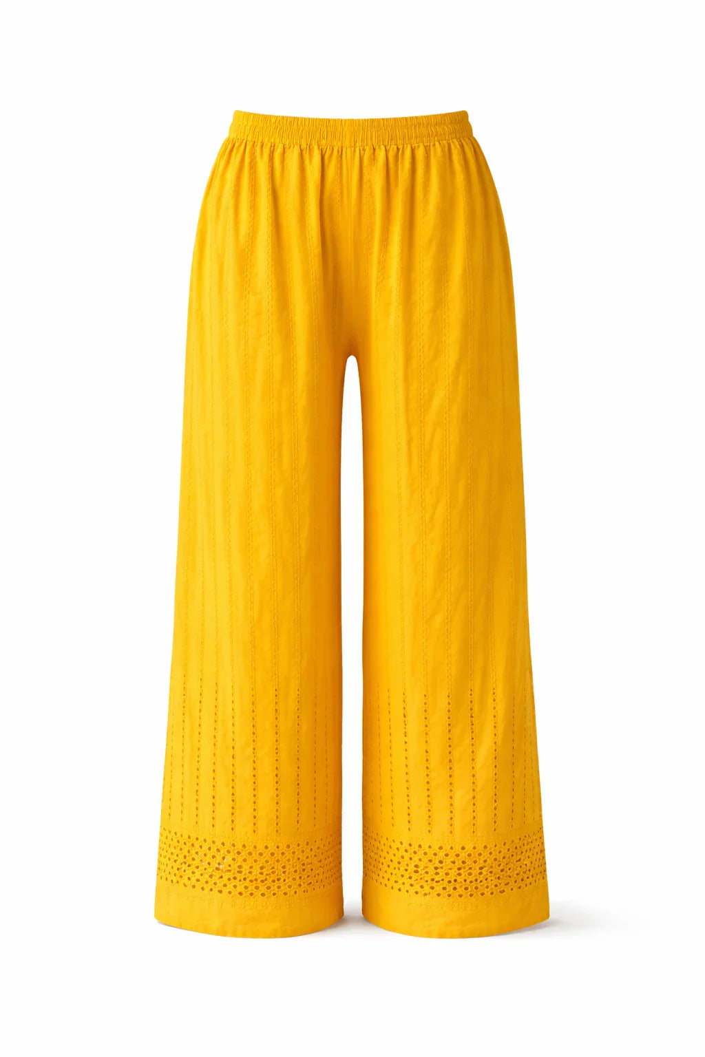 Yellow wide leg pants with elastic waistband and eyelet detailing at the hem