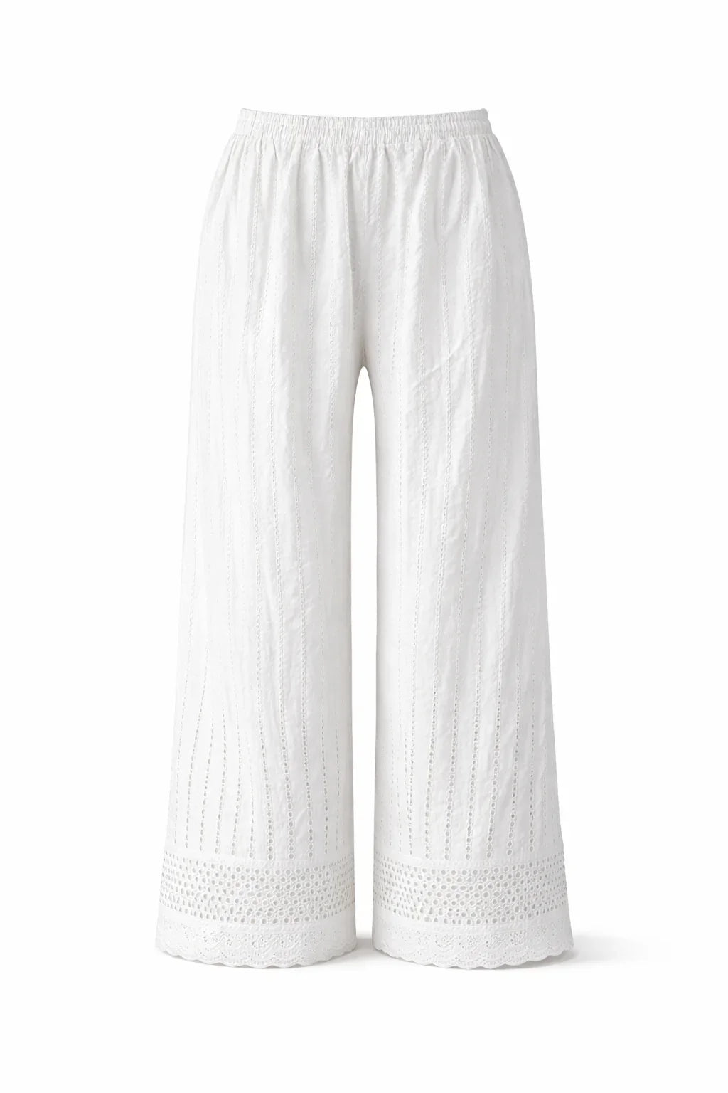 White wide-leg cotton pants with eyelet embroidery and scalloped lace hem