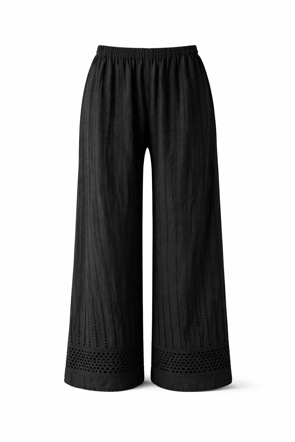Black wide-leg pants with elastic waistband and eyelet lace hem detail on white background