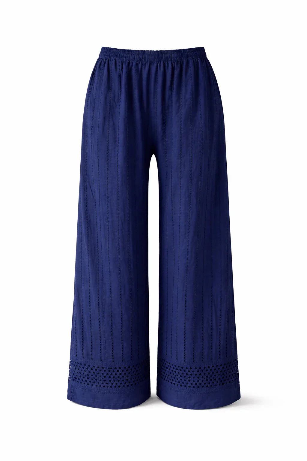 Navy blue wide-leg pants with eyelet detailing and elastic waistband