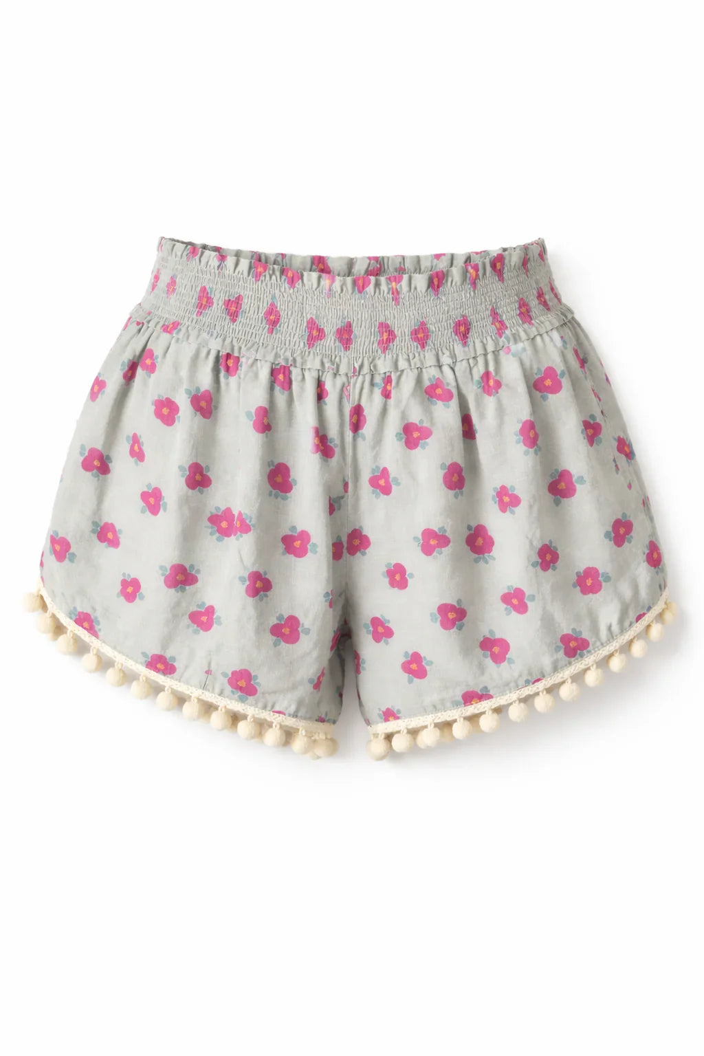 Light grey girls shorts with pink floral print and pom-pom trim, elastic waistband