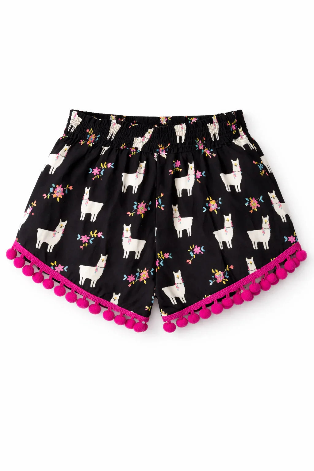Black shorts with llama and floral print, pink pom-pom trim, elastic waistband