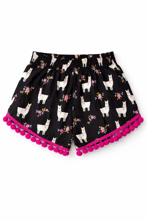Black shorts with llama and floral print, pink pom-pom trim, elastic waistband