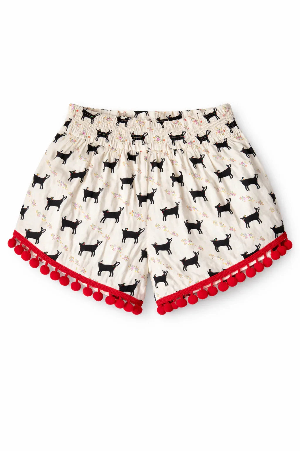 Cream shorts with black cat print, floral details, and red pom-pom trim