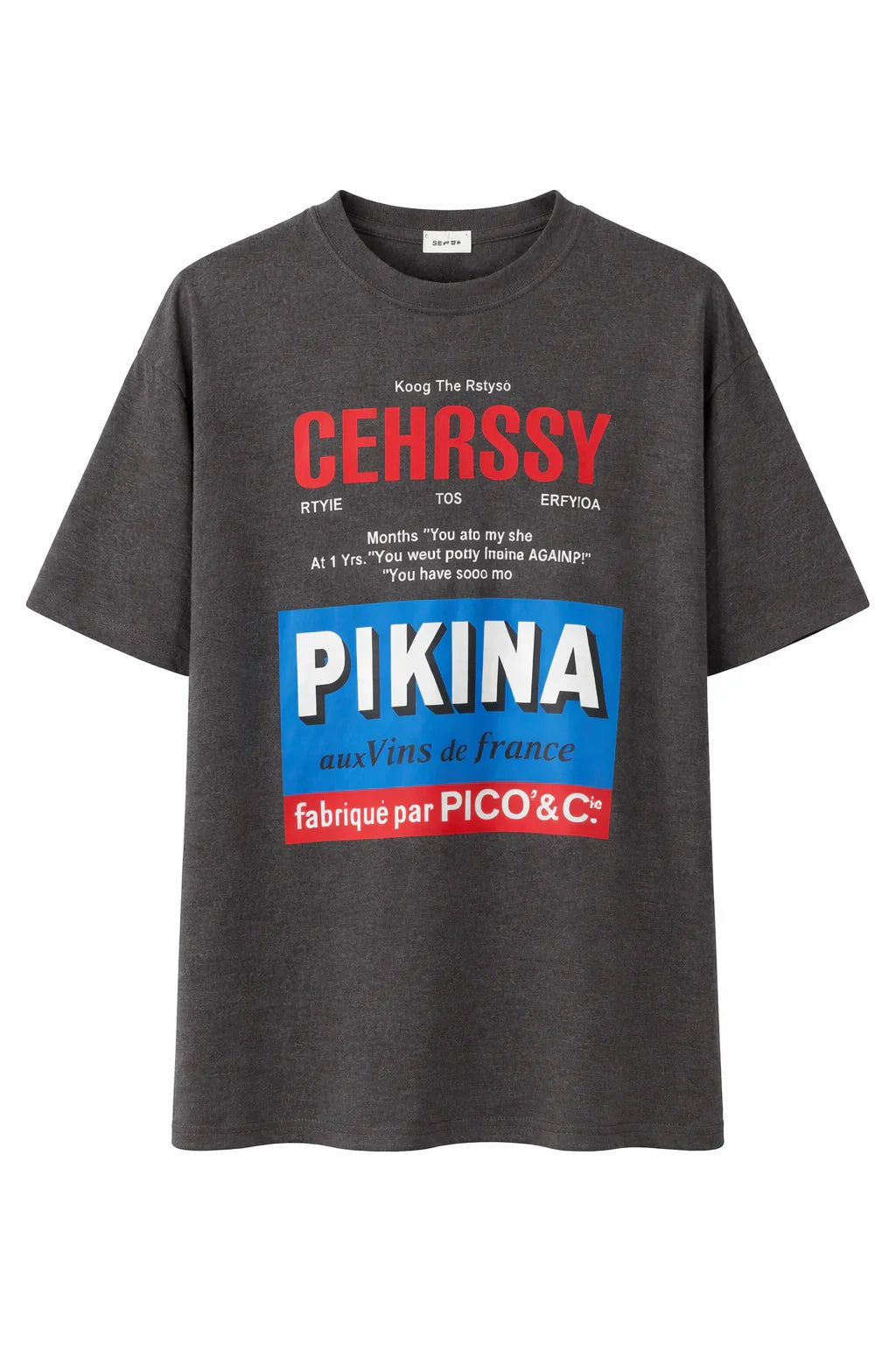 Dark grey graphic t-shirt with bold red and blue printed text and unique typographic design.