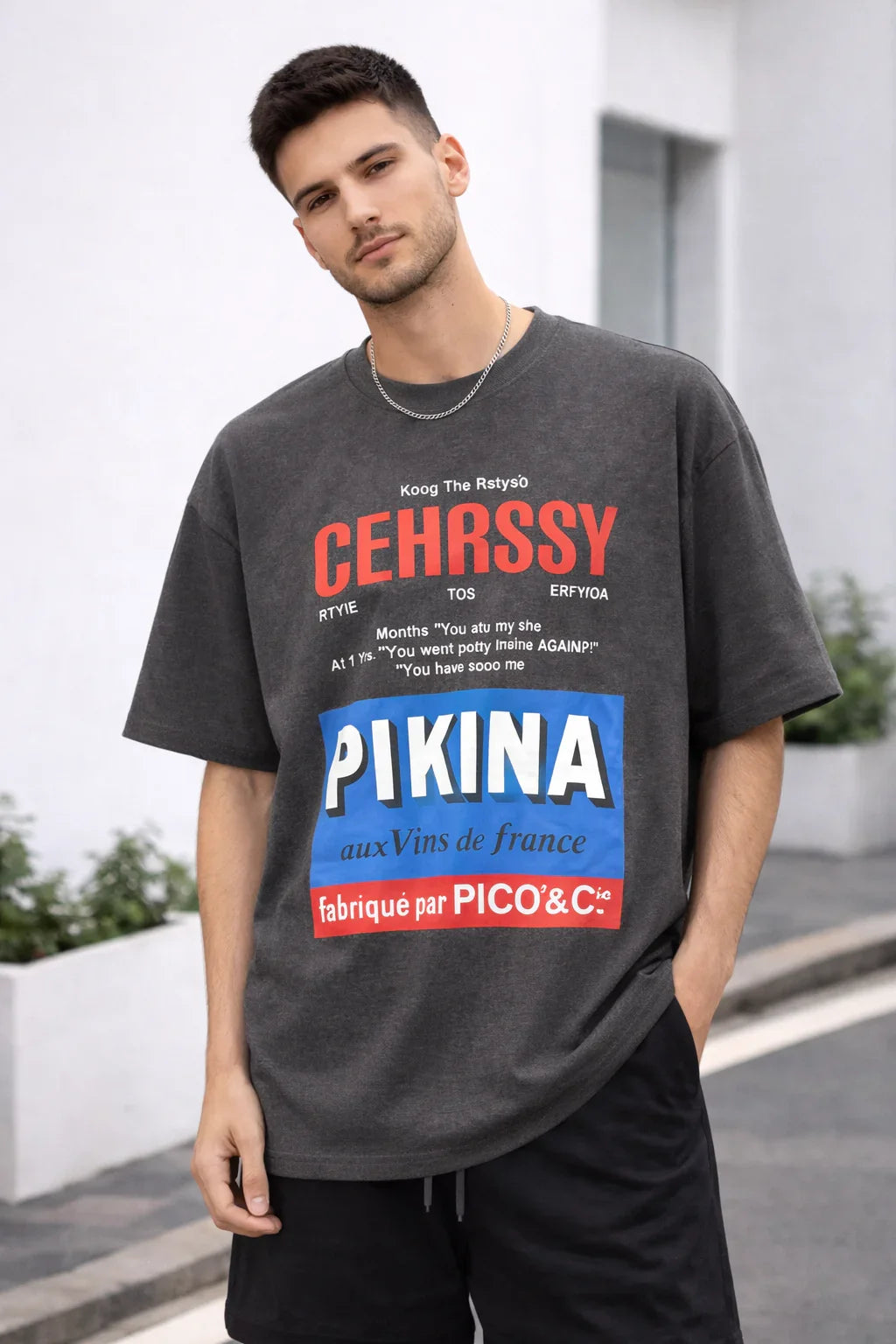 Man wearing oversized dark grey graphic t-shirt with bold red, blue, and white text design