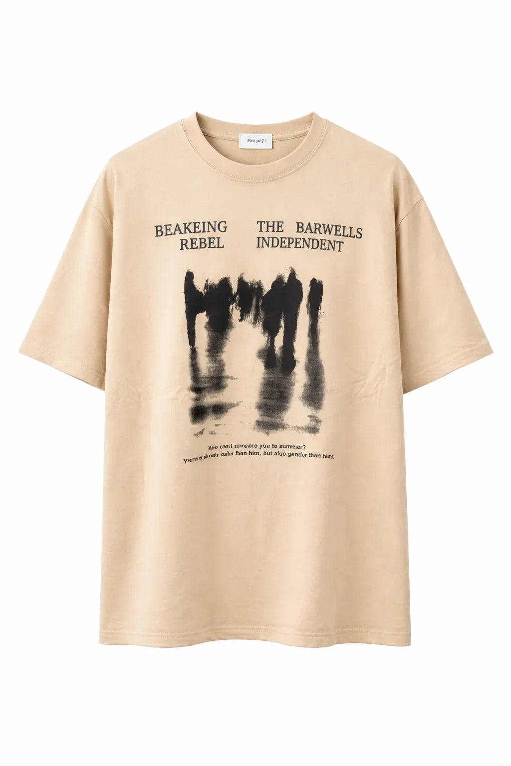 Beige graphic tee with abstract black figures and bold text, casual streetwear style