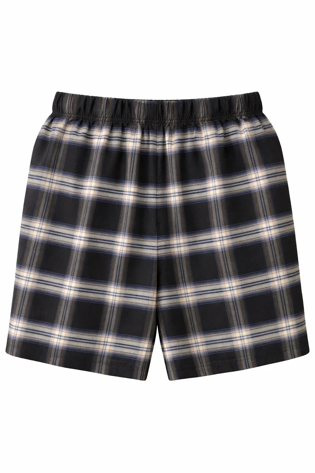 Black and grey plaid cotton boxer shorts with elastic waistband