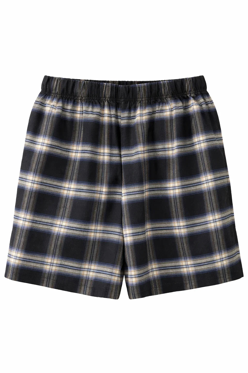 Men's black and blue plaid cotton boxer shorts with elastic waistband