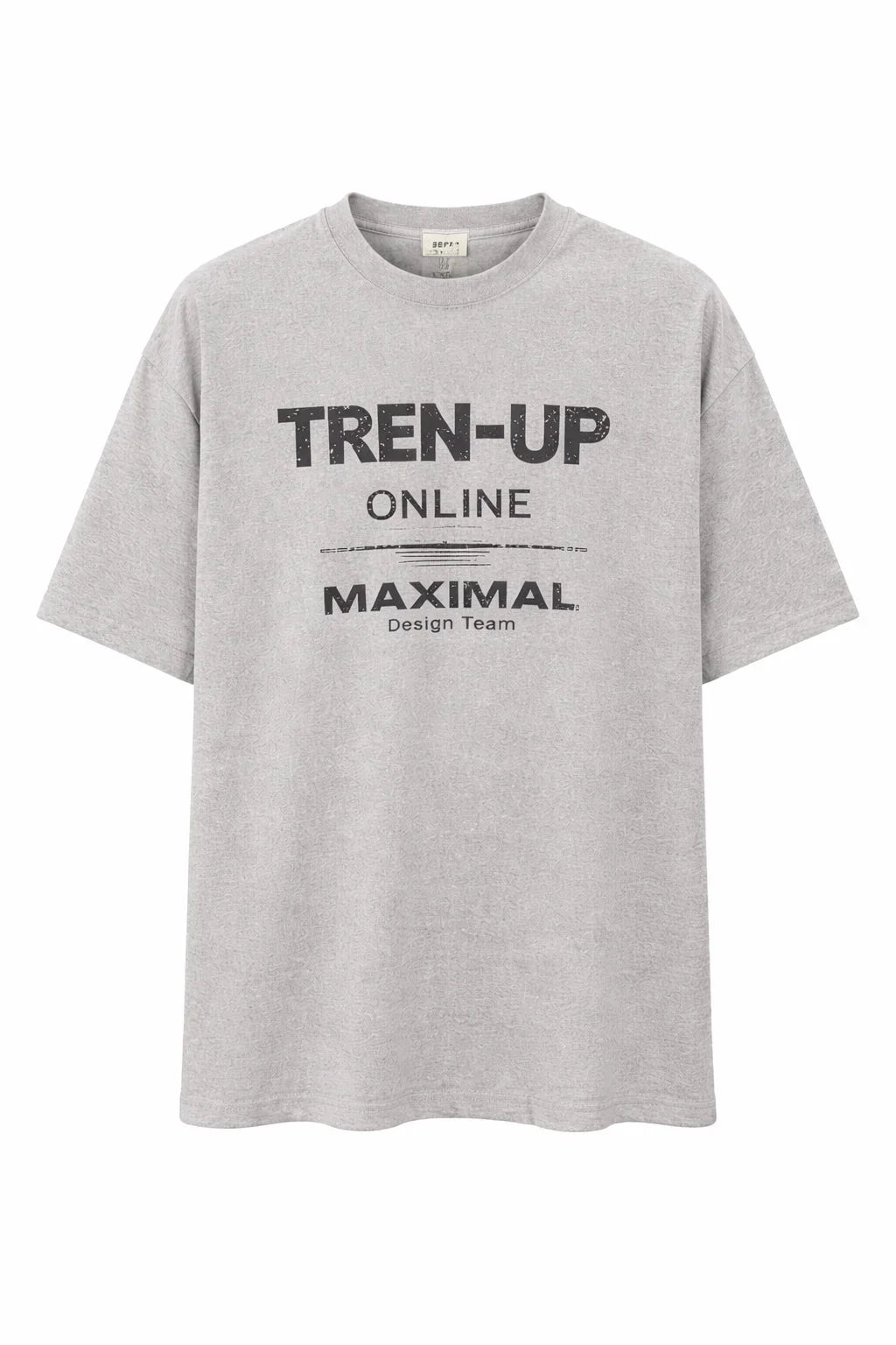 Light grey graphic t-shirt with 'TREN-UP ONLINE MAXIMAL Design Team' text print, short sleeves.
