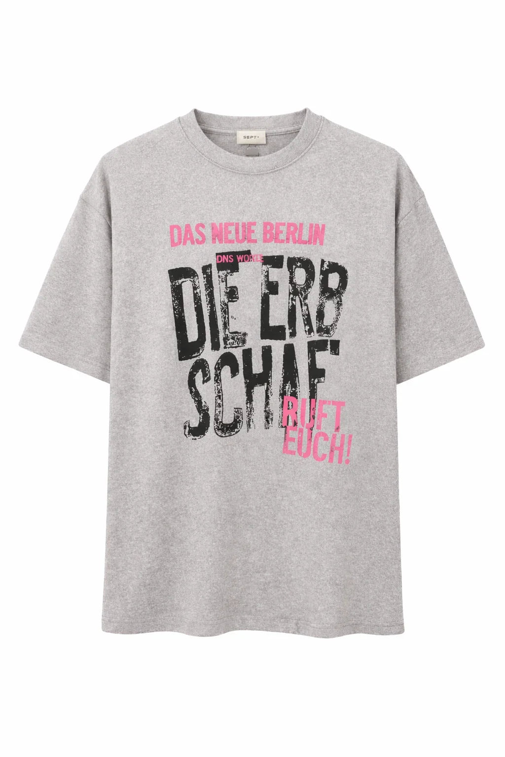Grey graphic t-shirt with bold black and pink German text and short sleeves
