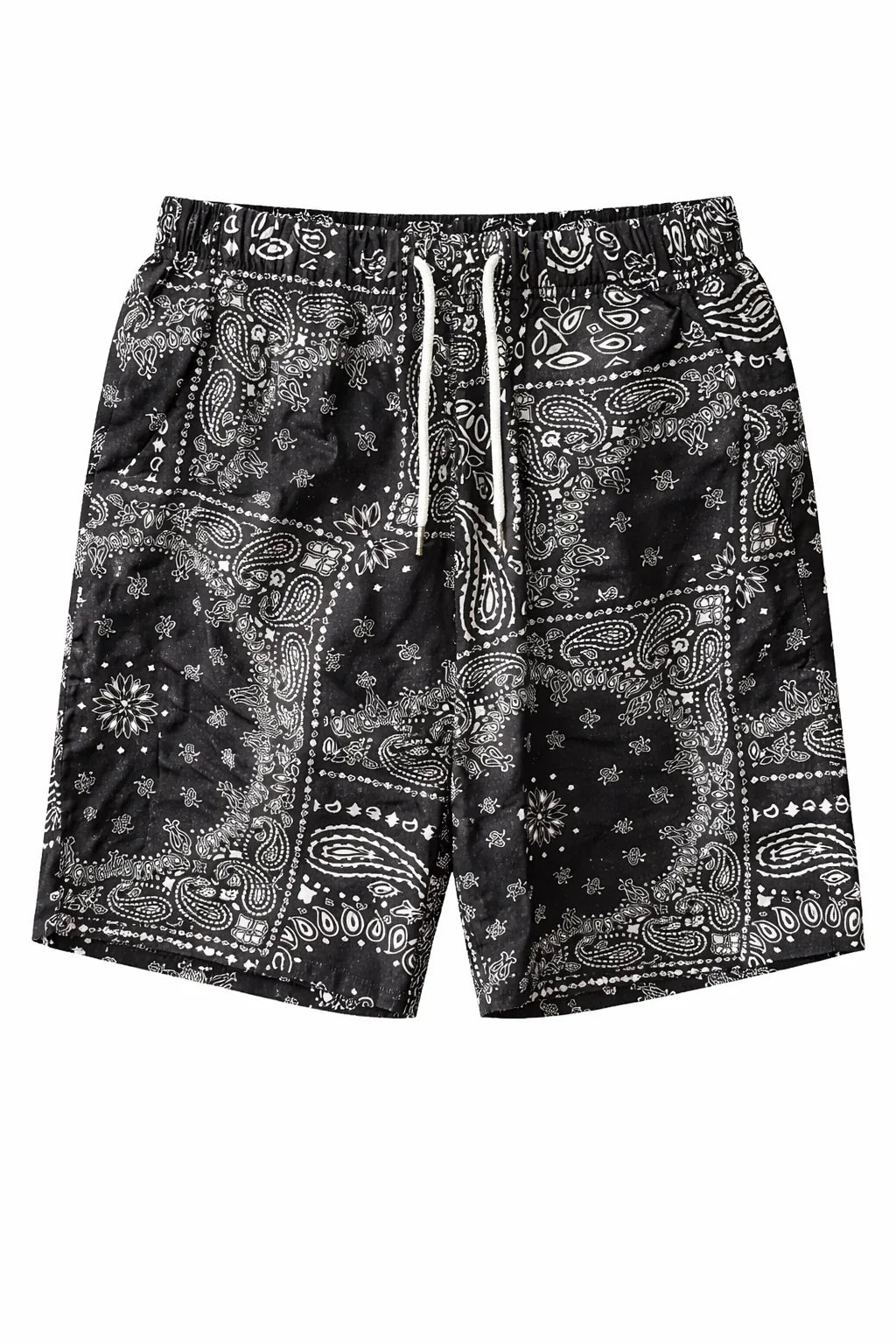 Black paisley bandana print shorts with elastic waistband and white drawstring