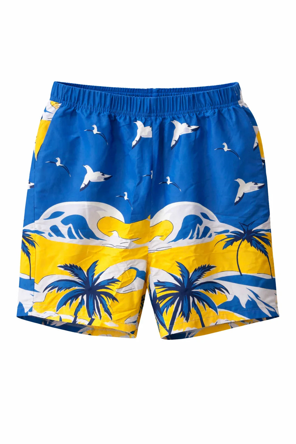 Blue and yellow tropical swim trunks with palm trees, ocean waves, and seagull print