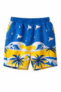 Blue and yellow tropical swim trunks with palm trees, ocean waves, and seagull print