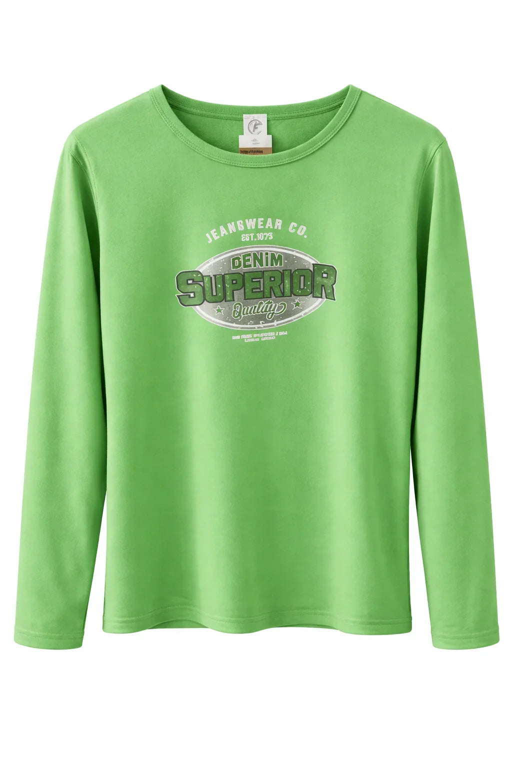 Green long sleeve t-shirt with 'Denim Superior Quality' graphic on chest