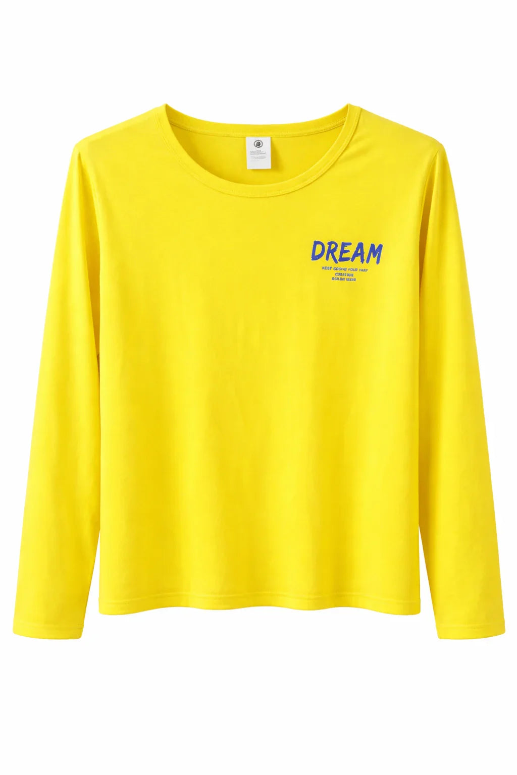 Yellow long sleeve t-shirt with 'DREAM' blue text graphic on chest