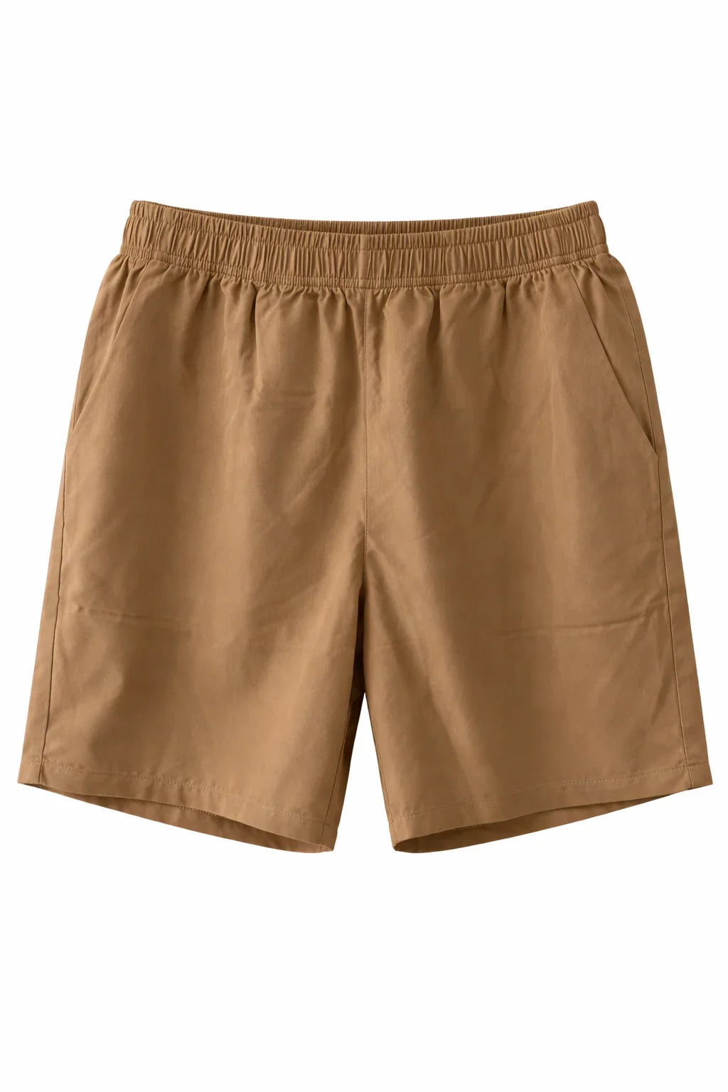 Men's tan cotton shorts with elastic waistband and side pockets, casual summer wear