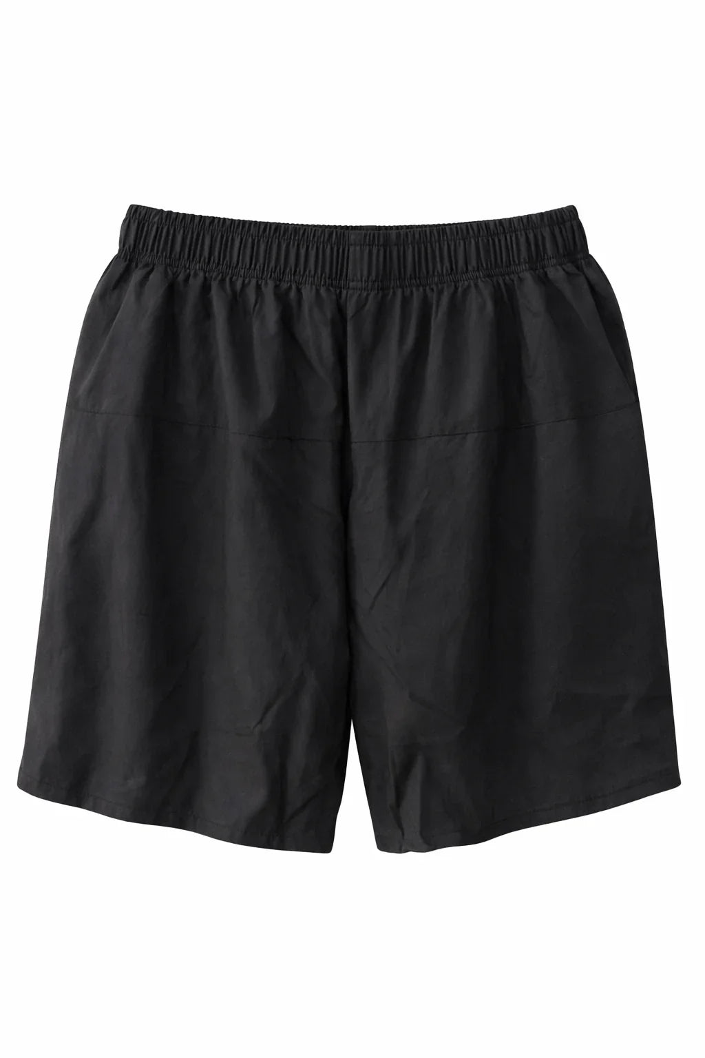 Black casual shorts with elastic waistband, lightweight fabric, front view on white background
