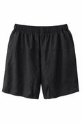Black casual shorts with elastic waistband, lightweight fabric, front view on white background