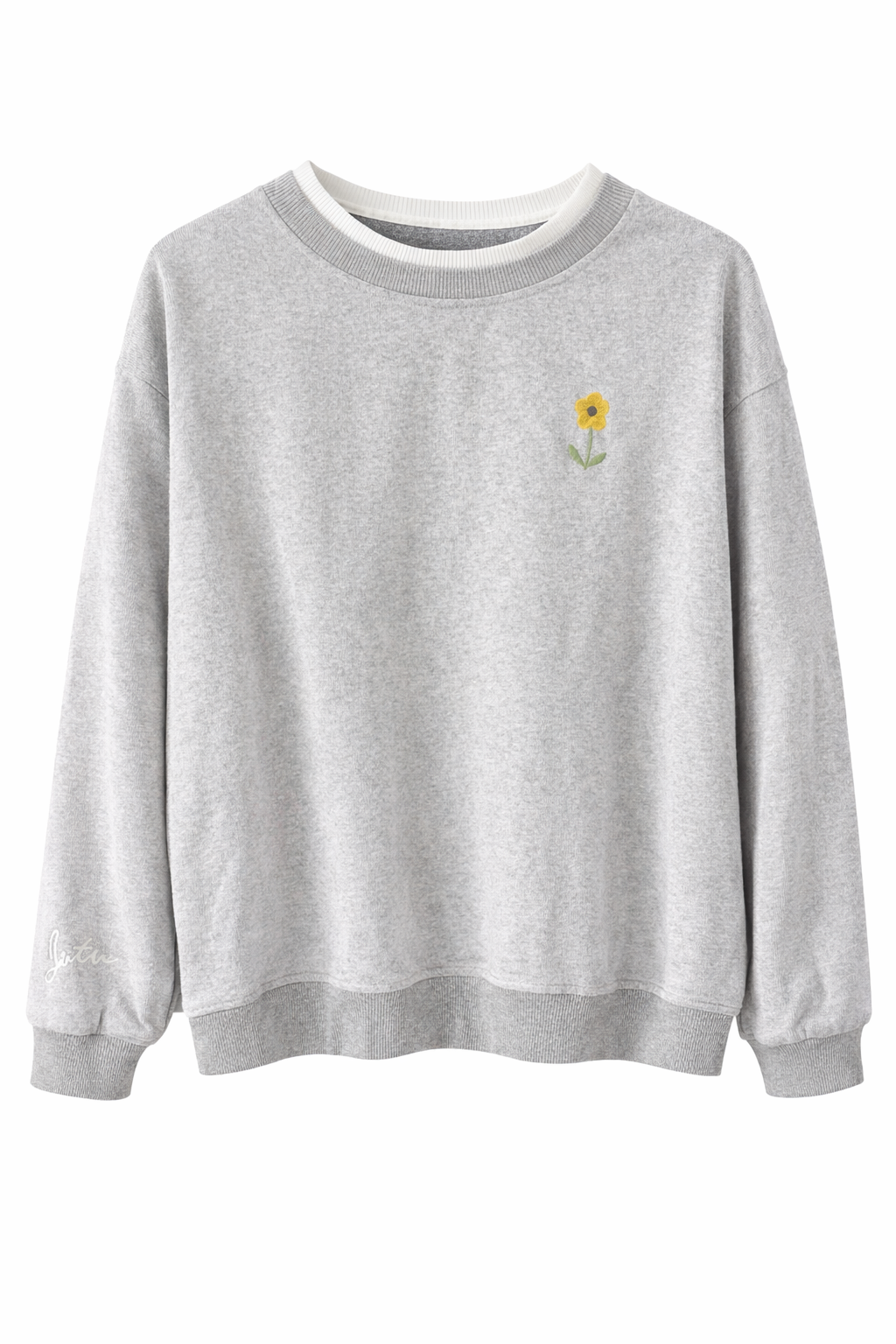 Gray sweatshirt with a small yellow flower design on a white background