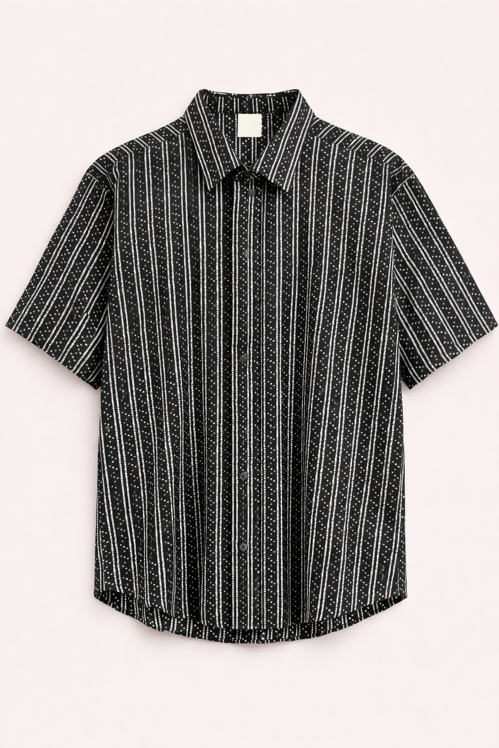 Black and white striped Men's printed casual short sleeve shirt
