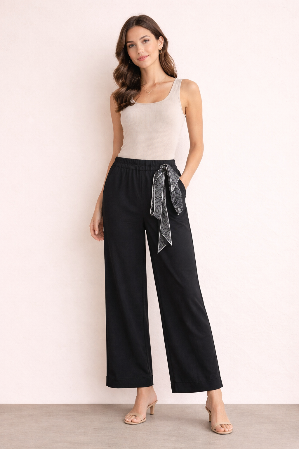Women's elastic waist wide-leg pants with scarf detail
black colour