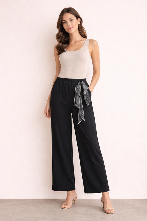 Women's elastic waist wide-leg pants with scarf detail
black colour
