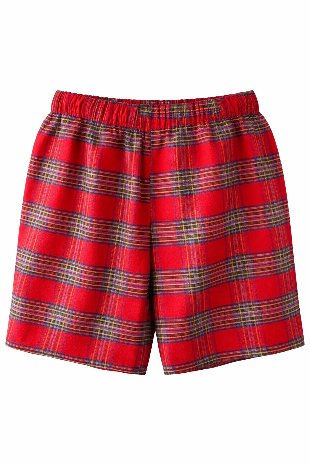 Red plaid flannel boxer shorts with elastic waistband, classic checkered pattern.