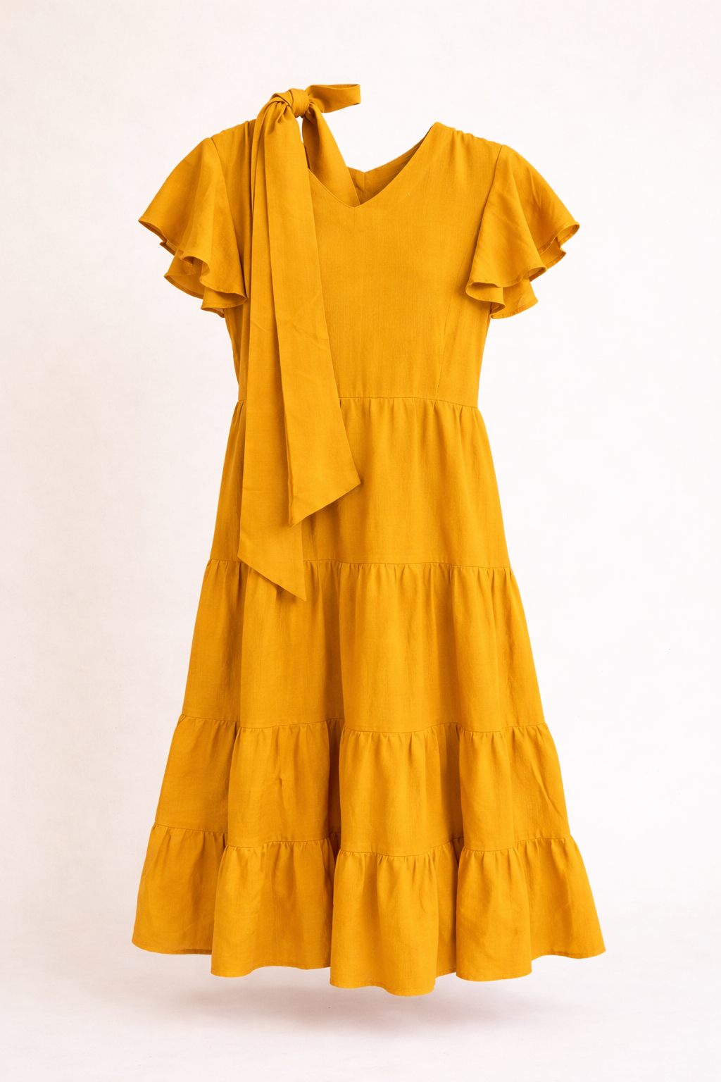 Girls ruffle sleeve tie-neck tiered  yellow dress
