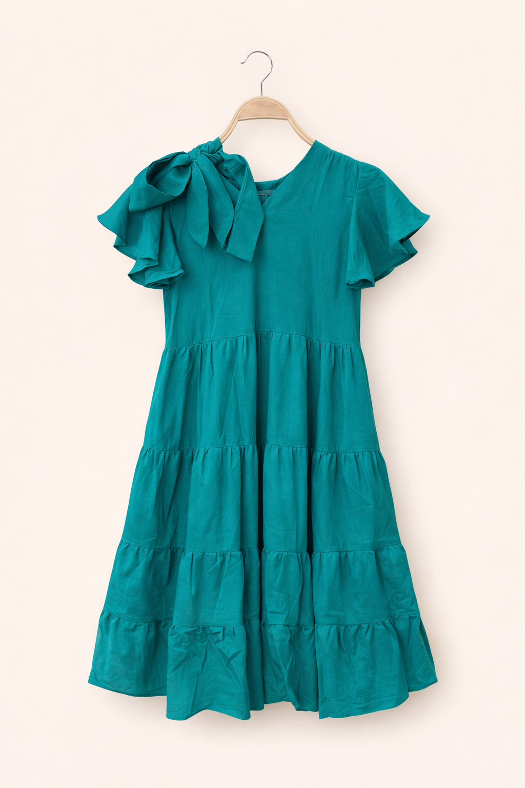 Girls ruffle sleeve tie-neck tiered  green dress
