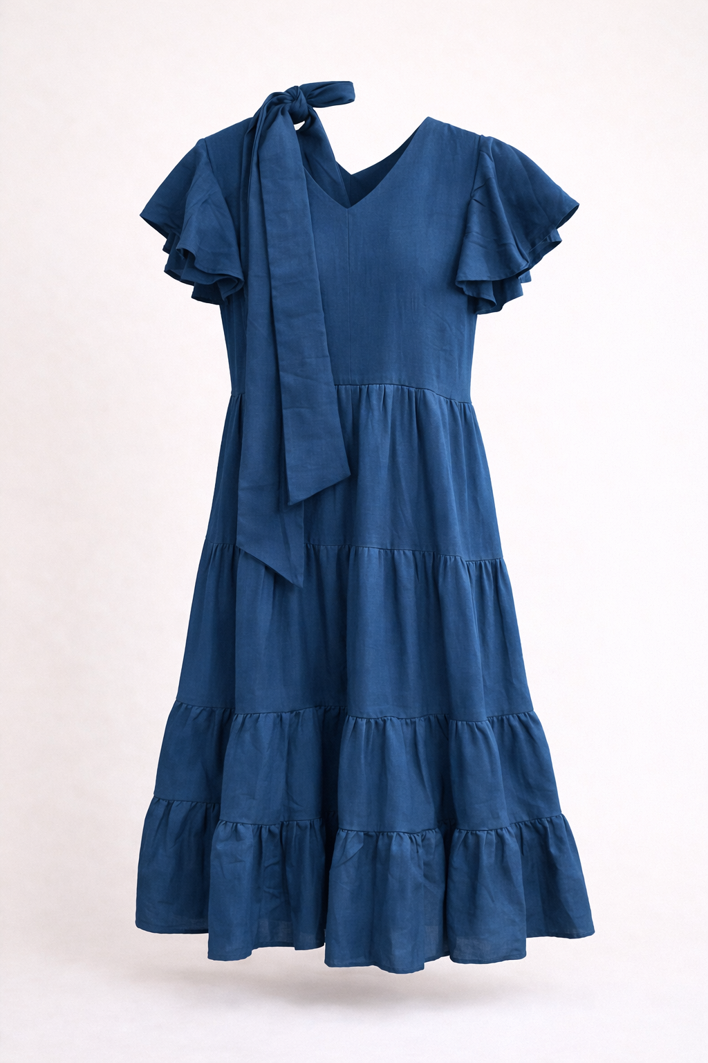 Girls ruffle sleeve tie-neck tiered   navy blue dress
