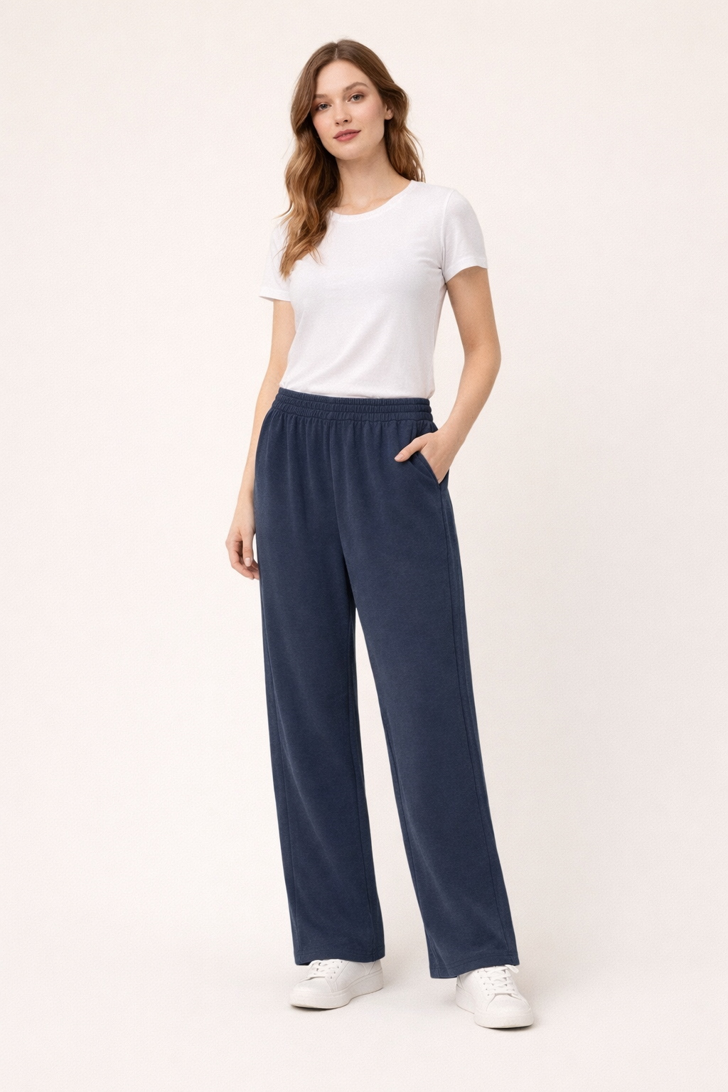 Women's relaxed fit drawstring wide-leg navy blue pants
