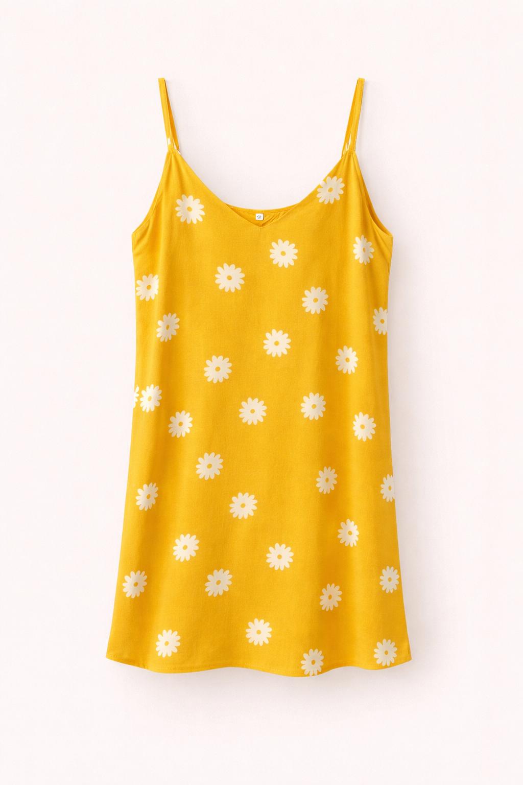Daisy print slip dress casual summer mini yellow dress
