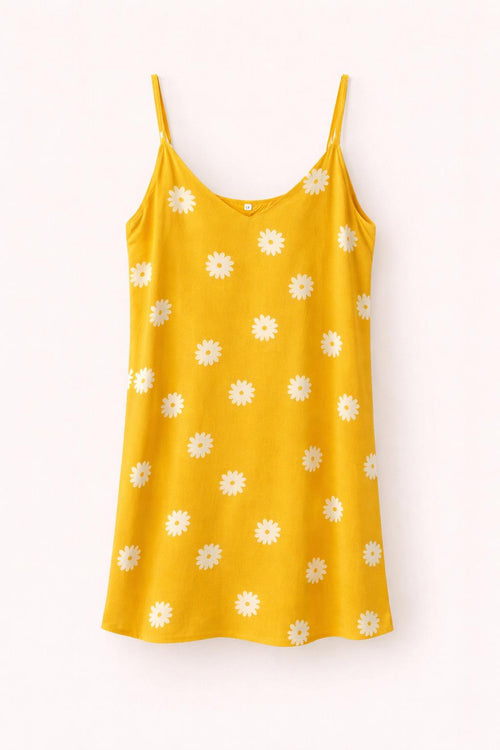 Daisy print slip dress casual summer mini yellow dress

