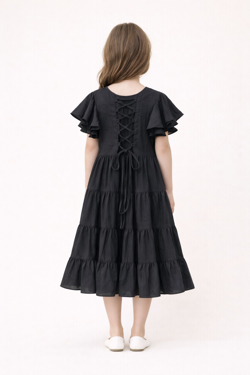 Girls ruffle sleeve tie-neck tiered  black dress
