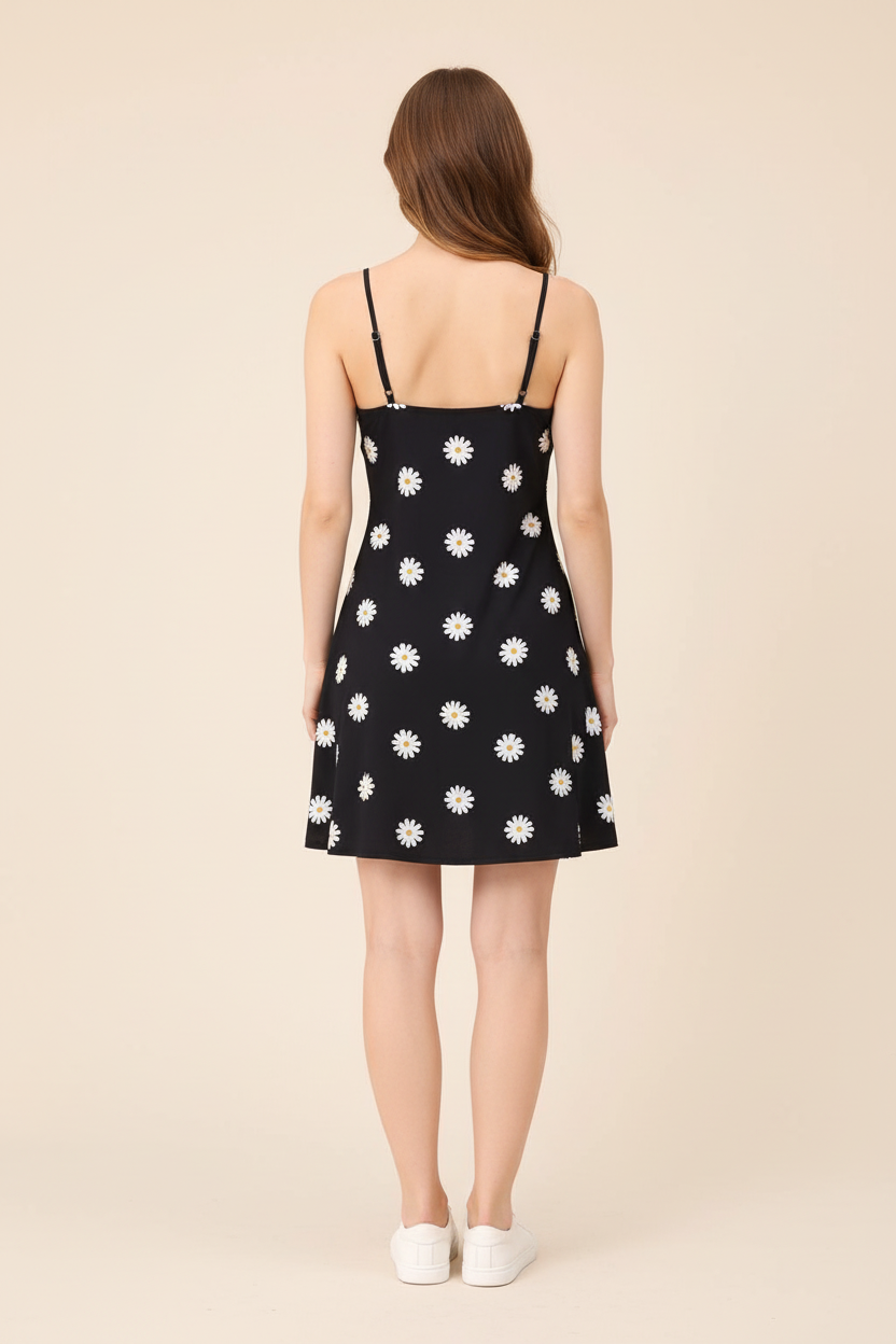 Black Daisy Print Dress - Back