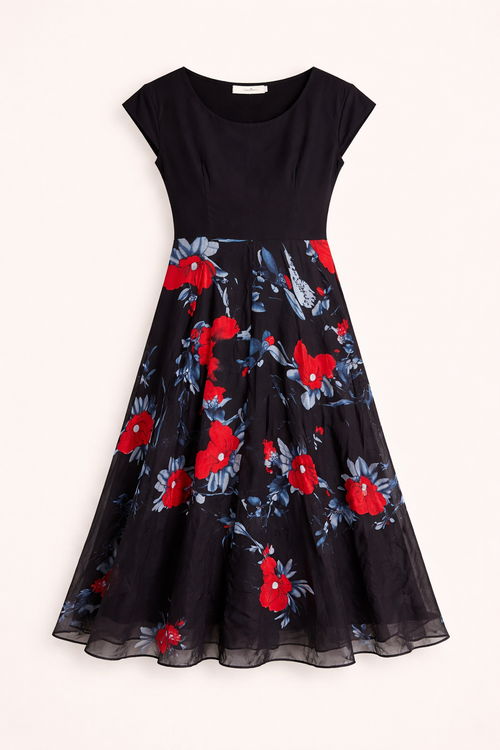 Black Floral Midi Dress – Elegant Below Knee Fit