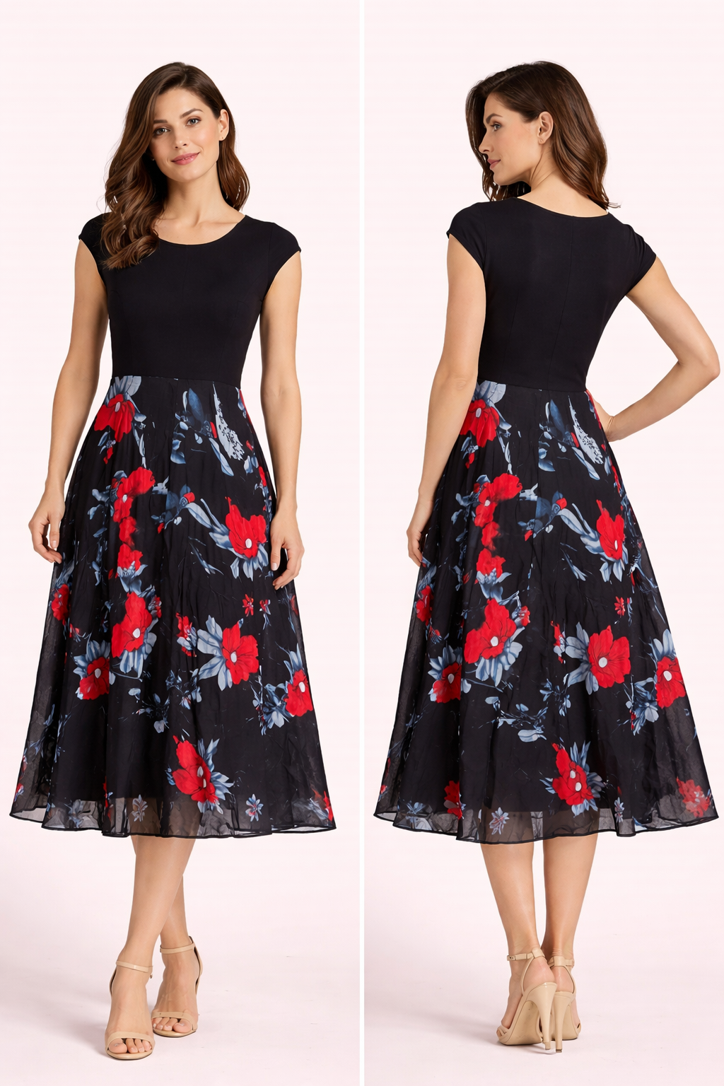 Black Floral Midi Dress – Elegant Below Knee Fit