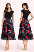 Black Floral Midi Dress – Elegant Below Knee Fit