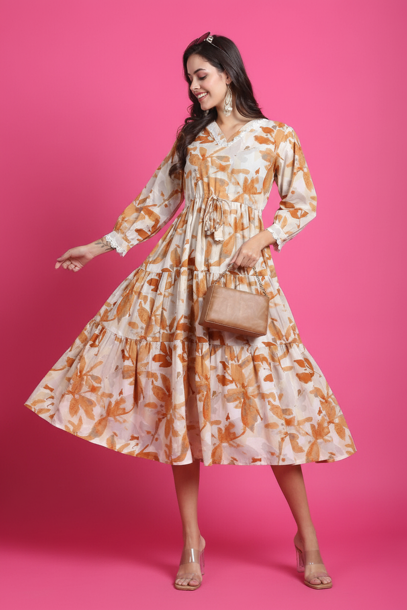 Front View - Beige Rust Leaf Print Dress