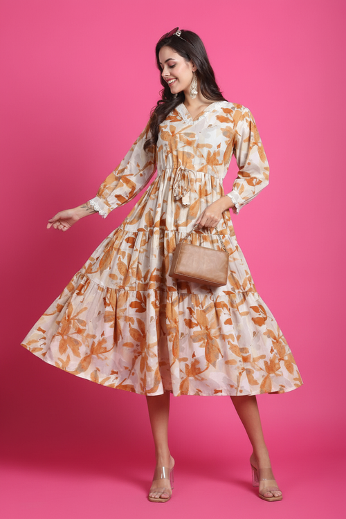 Front View - Beige Rust Leaf Print Dress